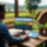 A farmer analyzing financial data on a laptop in a serene farm environment