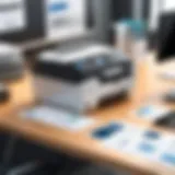 A modern workspace featuring a label printer and organizational labels.