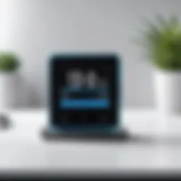 A sophisticated digital time clock displayed on a sleek office desk