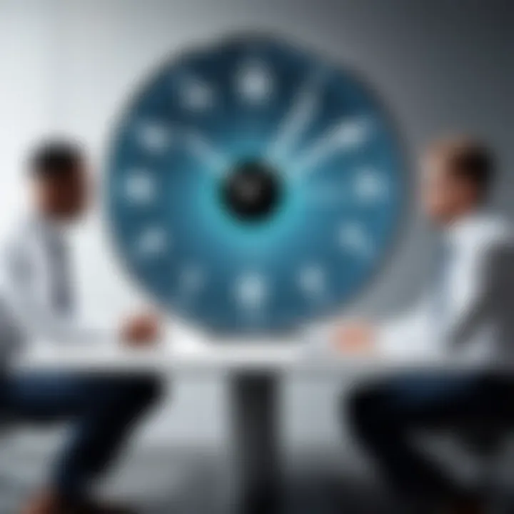 A team meeting discussing workforce management strategies with a time clock system shown