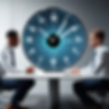 Workforce Management Strategies A team meeting discussing workforce management strategies with a time clock system shown