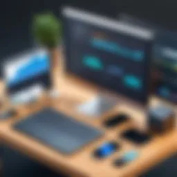 An illustration depicting various open source log management tools in a digital landscape.